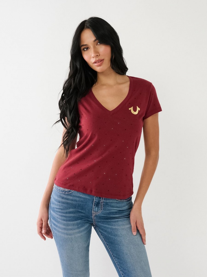 Camiseta True Religion Crystal Horseshoe Logo V Neck Redwood | 70BWNPTJX