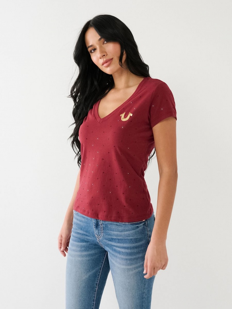 Camiseta True Religion Crystal Horseshoe Logo V Neck Redwood | 70BWNPTJX