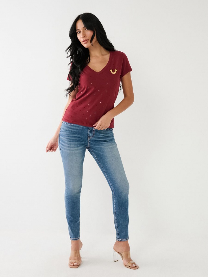 Camiseta True Religion Crystal Horseshoe Logo V Neck Redwood | 70BWNPTJX