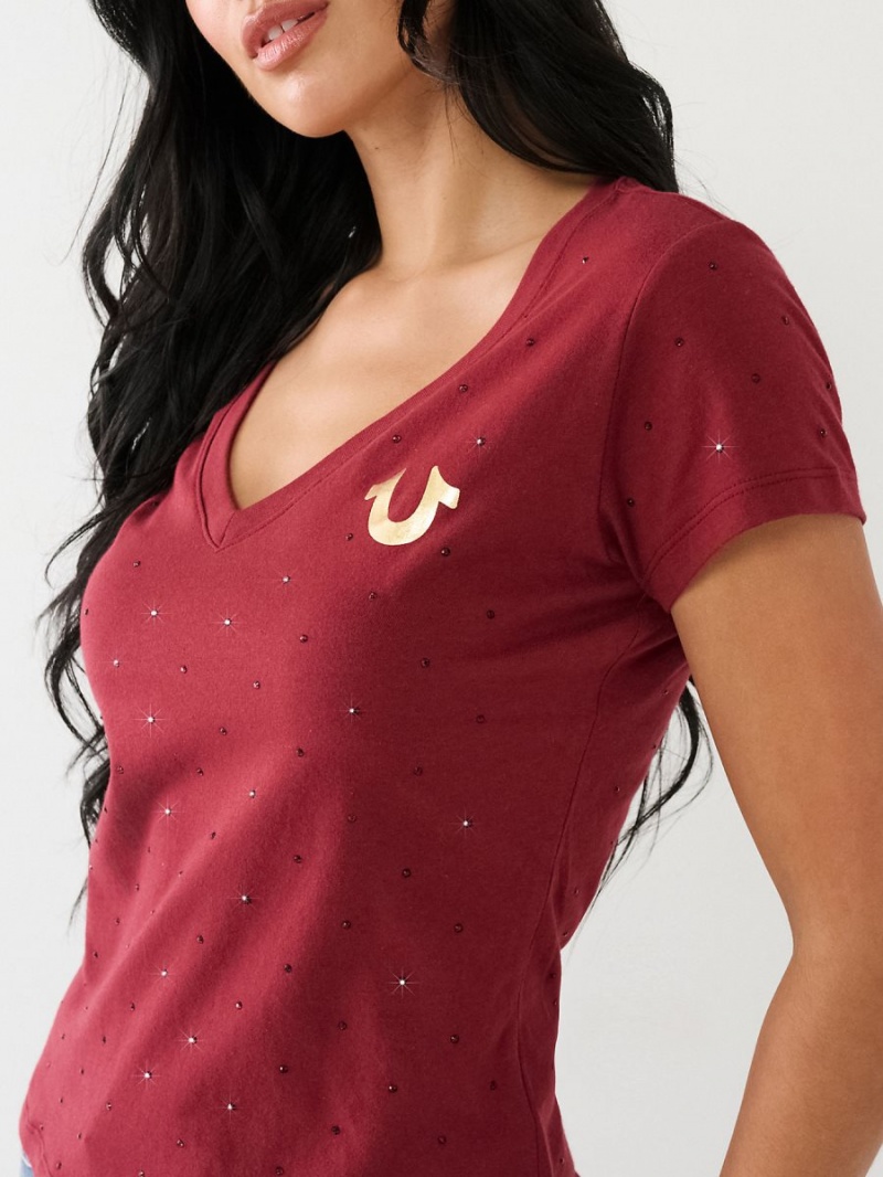 Camiseta True Religion Crystal Horseshoe Logo V Neck Redwood | 70BWNPTJX