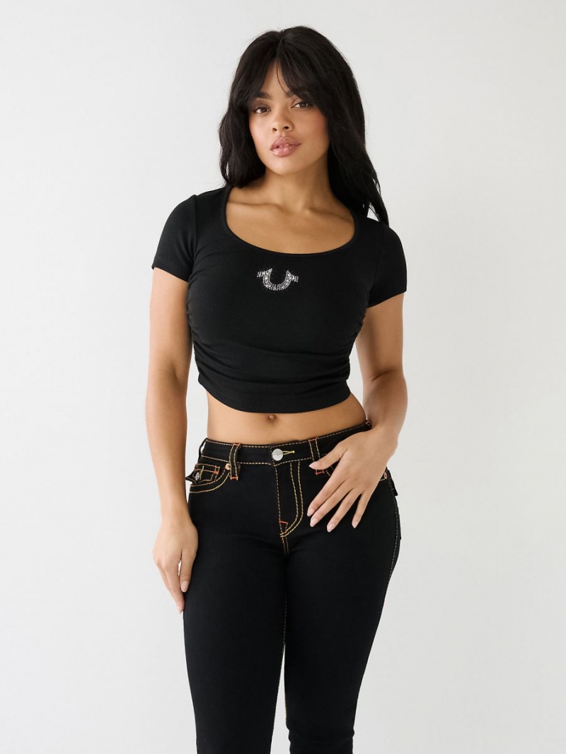 Camiseta True Religion Crystal Horseshoe Ruched Crop Negras | 51SOCKJTG