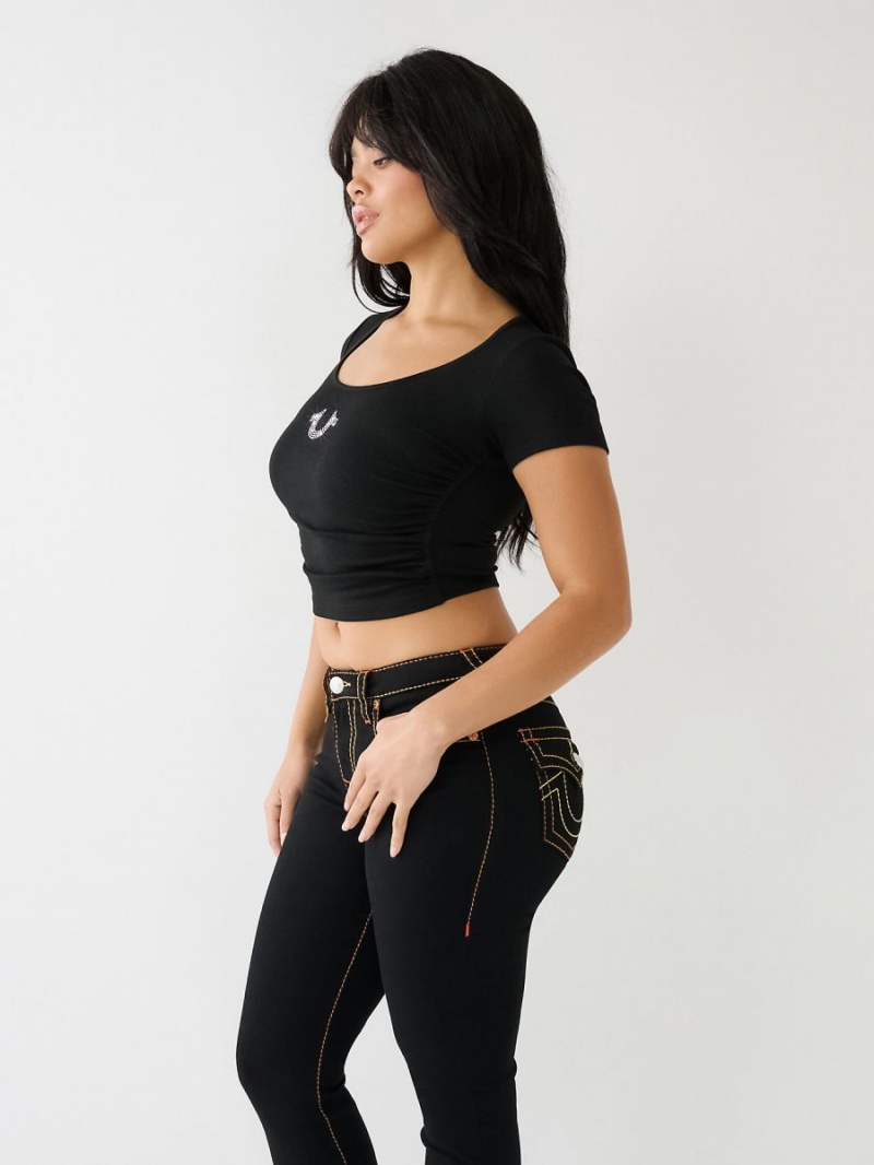 Camiseta True Religion Crystal Horseshoe Ruched Crop Negras | 51SOCKJTG