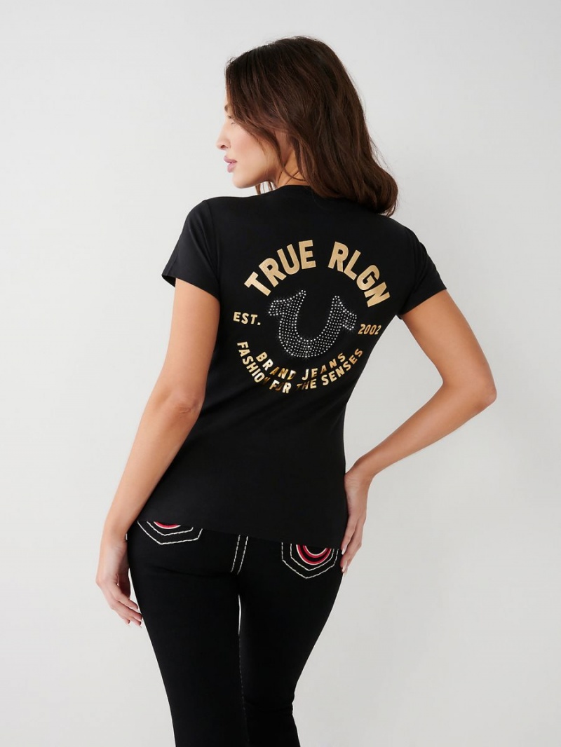 Camiseta True Religion Crystal Horseshoe V Negras | 23UEOFJXZ