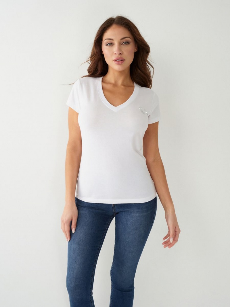 Camiseta True Religion Crystal Horseshoe V Blancas | 91BDGFORQ