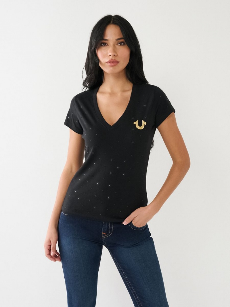 Camiseta True Religion Crystal Horseshoe Logo V Neck Negras | 86DPLVBQM