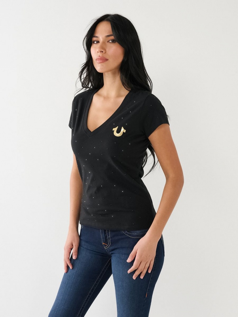 Camiseta True Religion Crystal Horseshoe Logo V Neck Negras | 86DPLVBQM