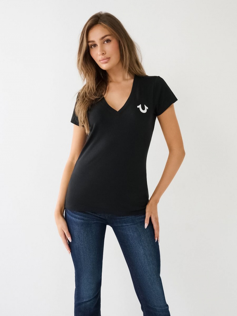 Camiseta True Religion Crystal Horseshoe Logo V Neck Negras | 21FKRWBCQ