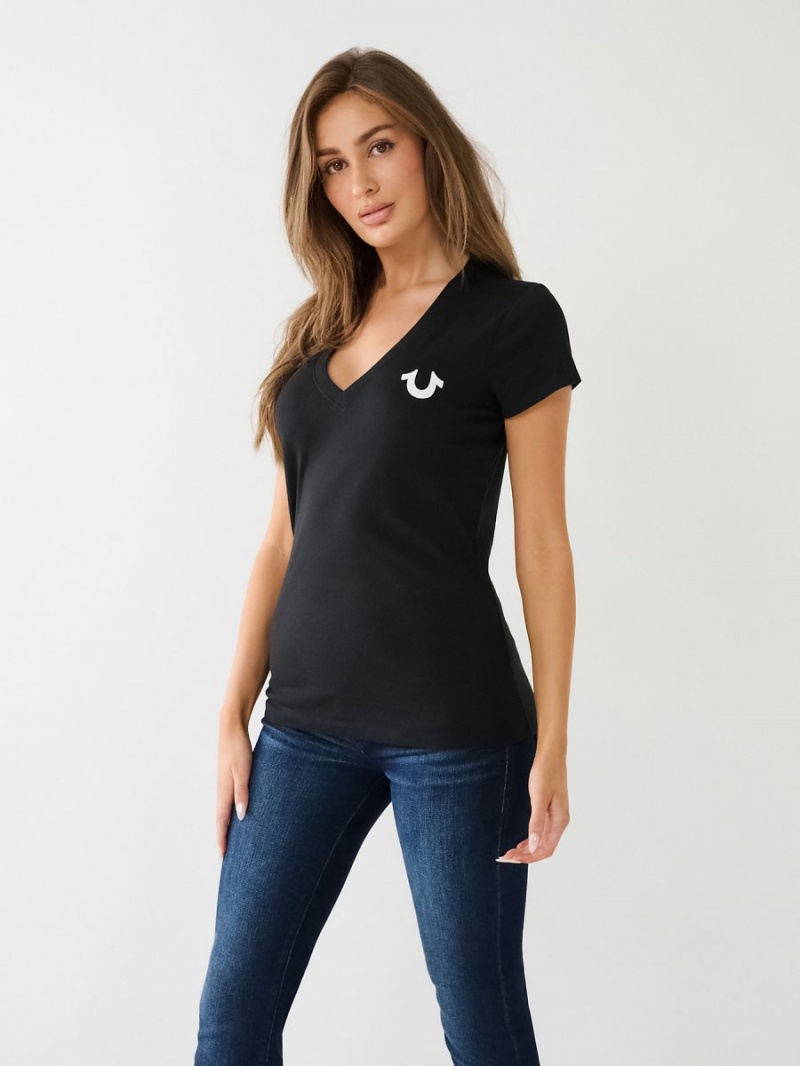 Camiseta True Religion Crystal Horseshoe Logo V Neck Negras | 21FKRWBCQ