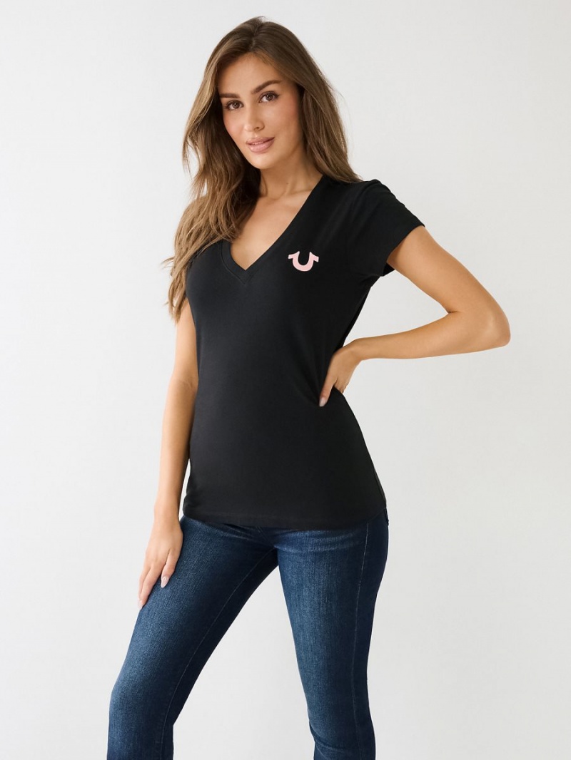 Camiseta True Religion Crystal Horseshoe Logo V Neck Negras | 58TAQJVSB