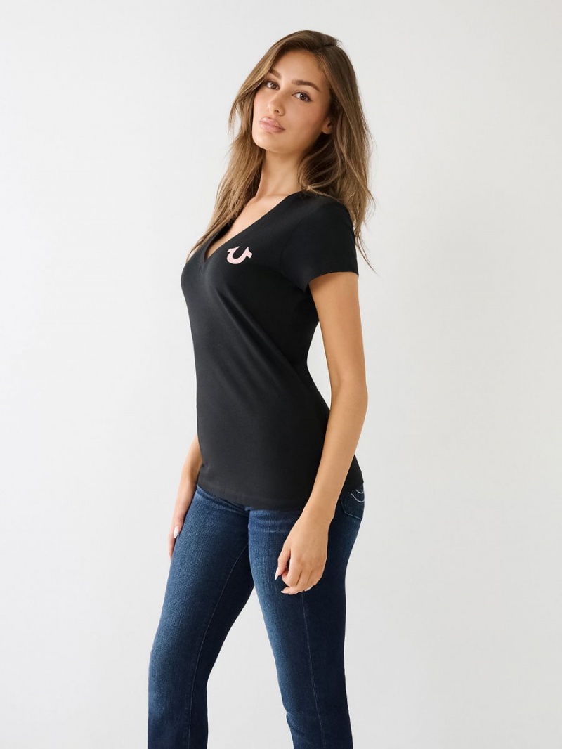 Camiseta True Religion Crystal Horseshoe Logo V Neck Negras | 58TAQJVSB