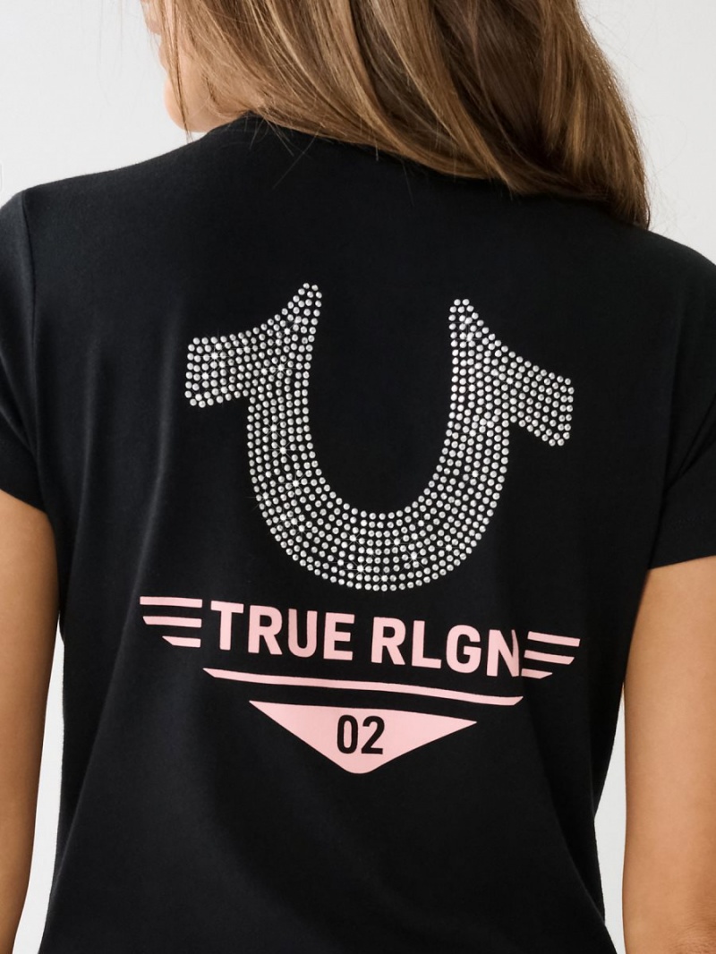 Camiseta True Religion Crystal Horseshoe Logo V Neck Negras | 58TAQJVSB