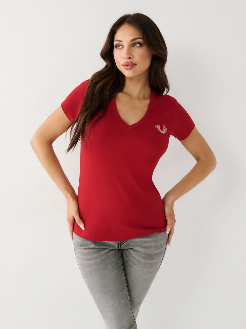 Camiseta True Religion Crystal Horseshoe V Rojas | 24XAJSBUQ