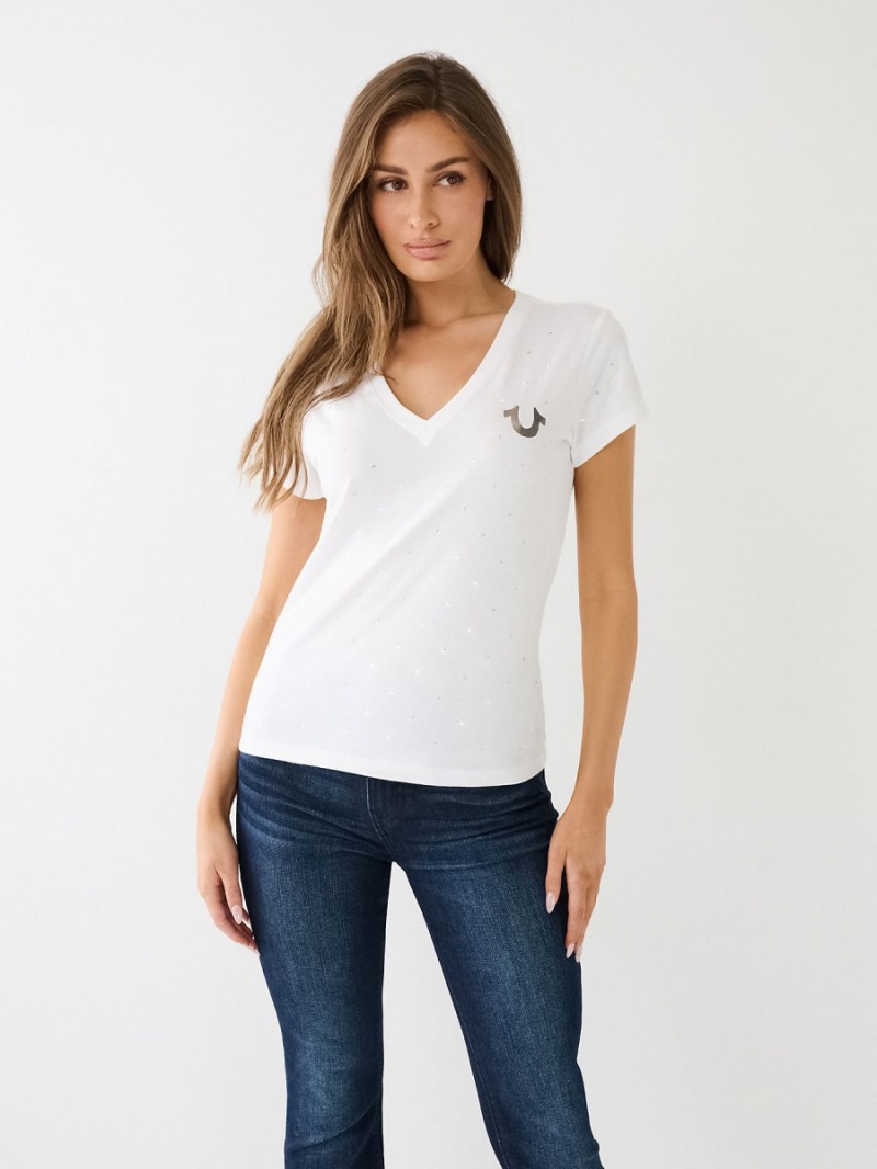 Camiseta True Religion Crystal Horseshoe Logo V Neck Blancas | 91AKENFZG