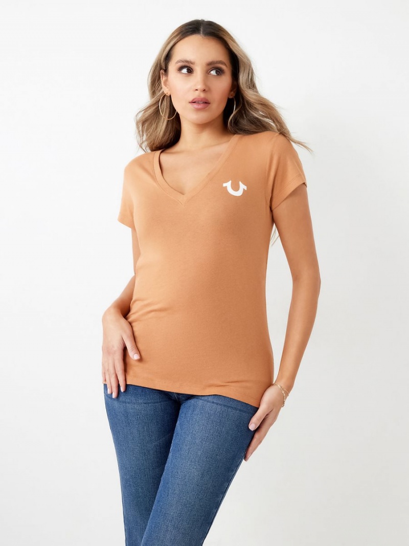 Camiseta True Religion Crystal Horseshoe Logo V Neck Naranjas | 73ZMBJQTX