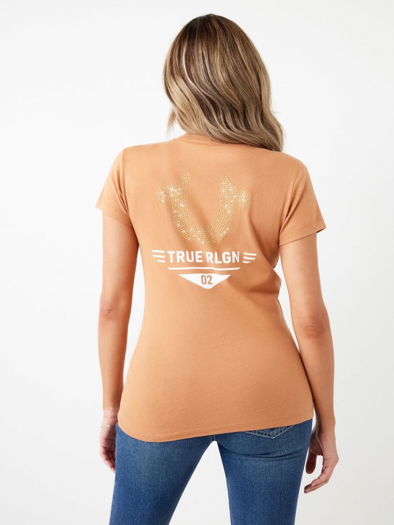 Camiseta True Religion Crystal Horseshoe Logo V Neck Naranjas | 73ZMBJQTX