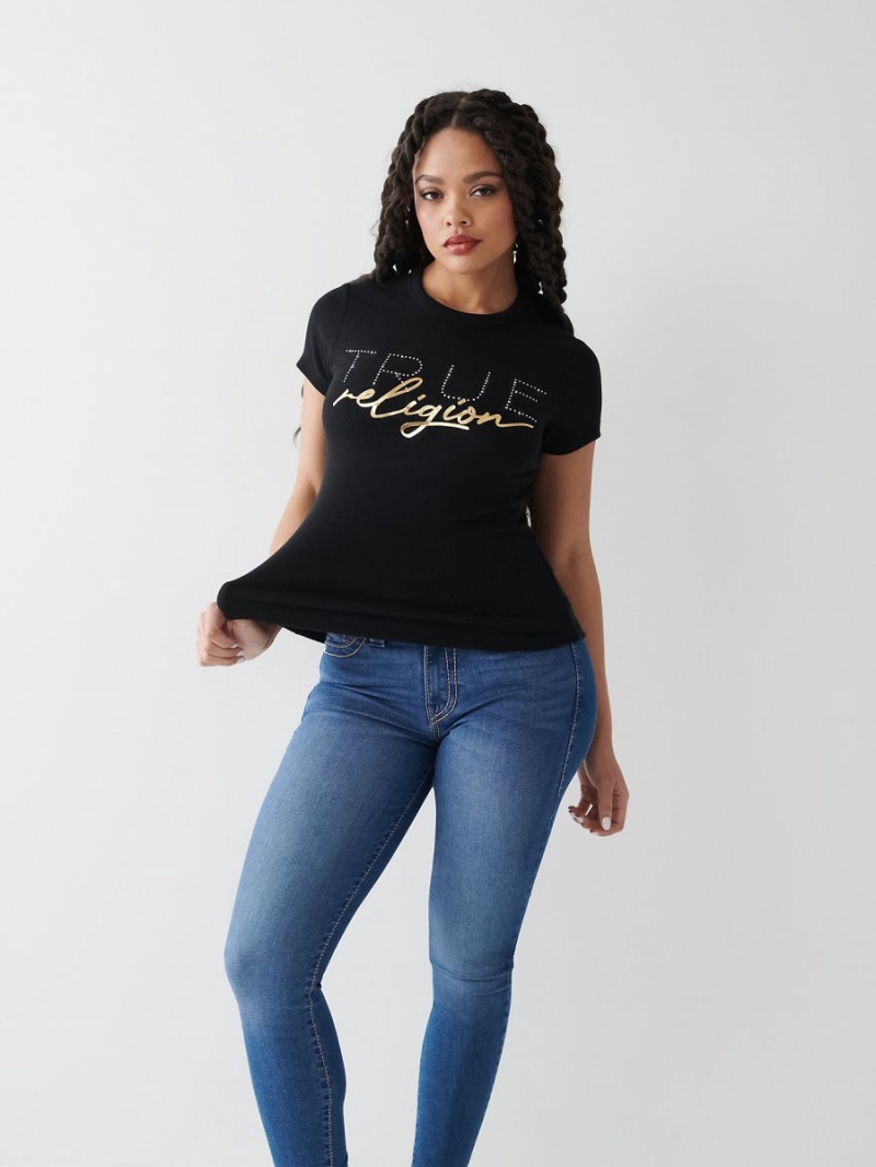 Camiseta True Religion Crystal Logo Negras | 61SRJFVUX