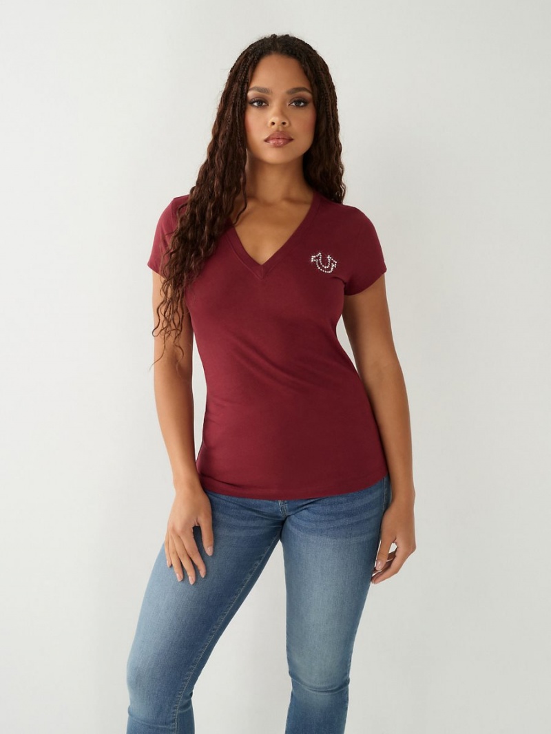 Camiseta True Religion Crystal Logo V Burdeos | 83UACEMVP