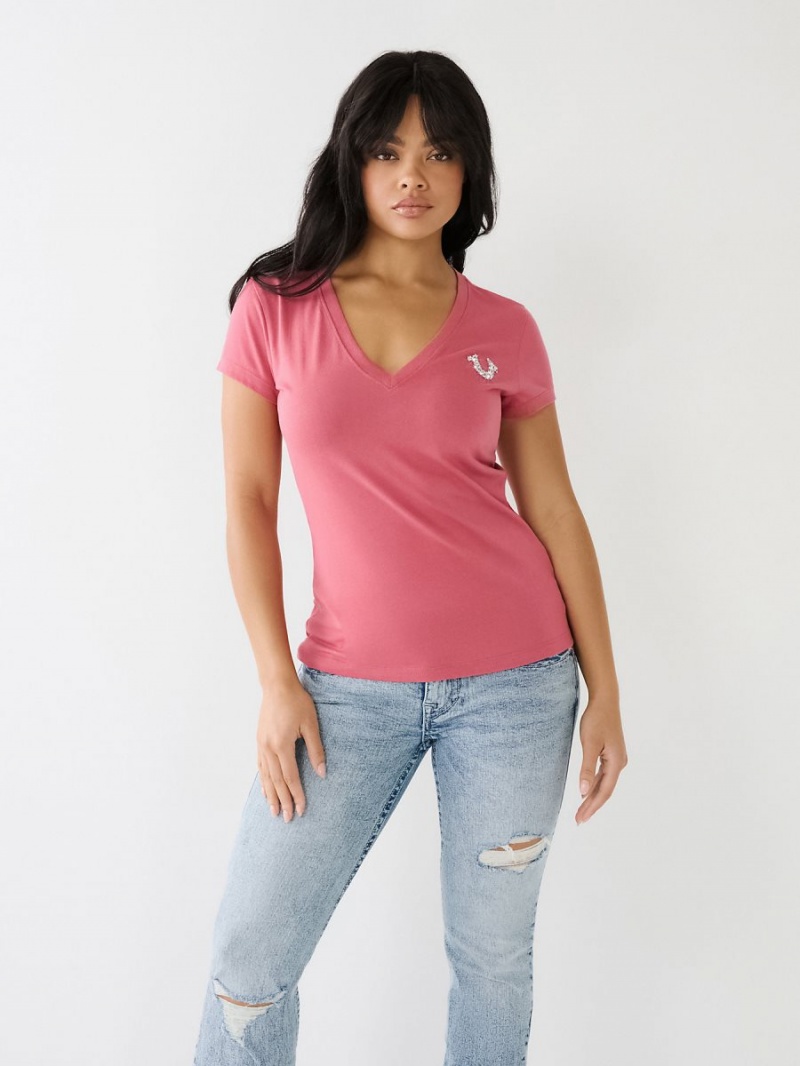 Camiseta True Religion Crystal V Neck Logo Mauvewood | 19ENSVLAF