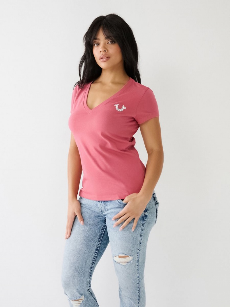 Camiseta True Religion Crystal V Neck Logo Mauvewood | 19ENSVLAF