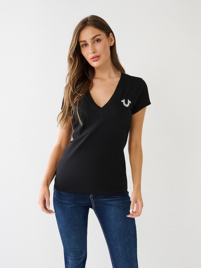 Camiseta True Religion Crystal V Neck Logo Negras | 29HRGDPYC