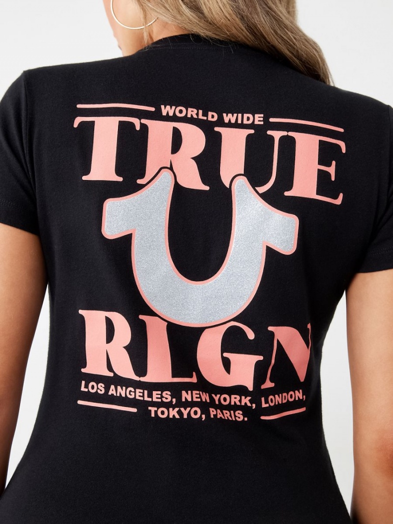 Camiseta True Religion Glitter World Anchos Logo Negras | 35ITOLKYQ