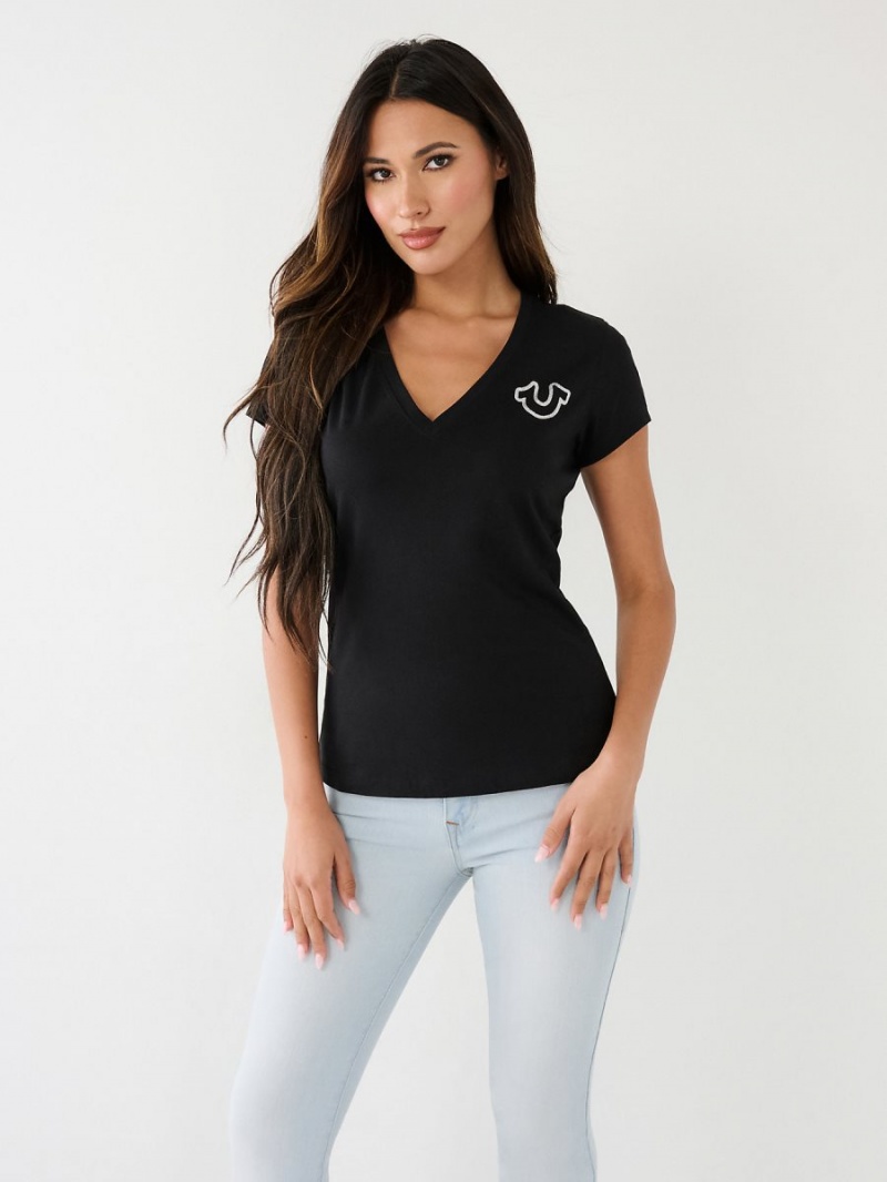 Camiseta True Religion Horseshoe Logo V Negras | 80UXDHYKO