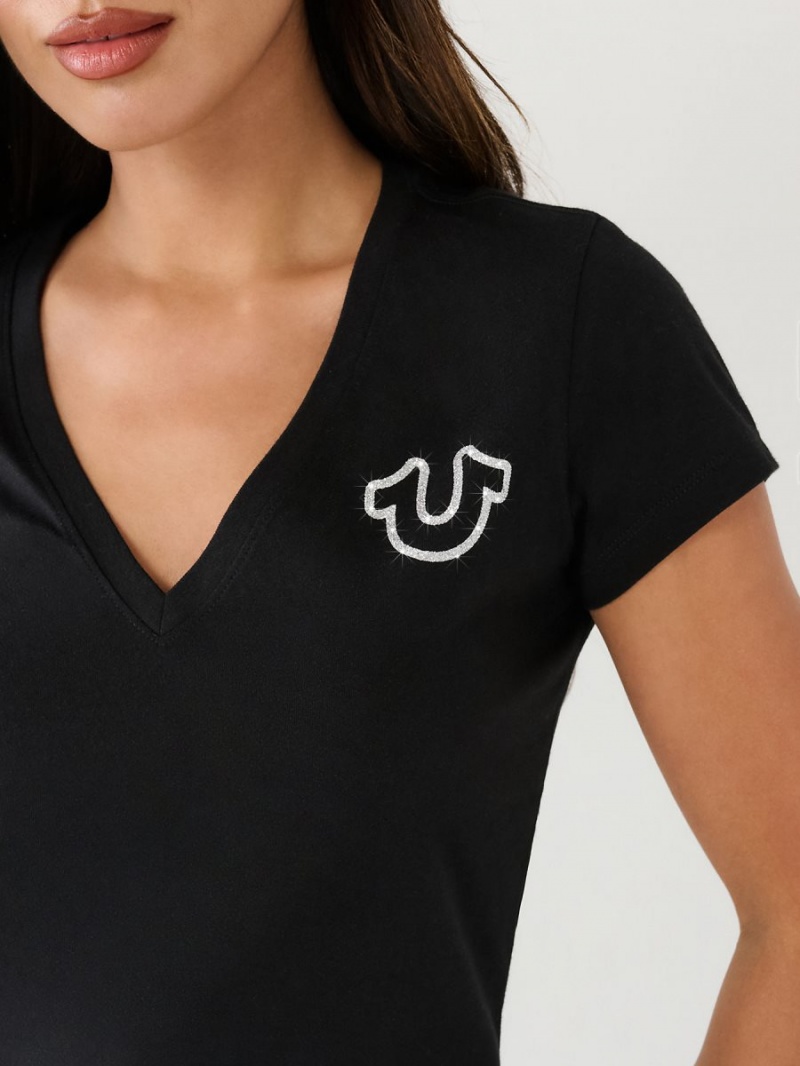 Camiseta True Religion Horseshoe Logo V Negras | 80UXDHYKO