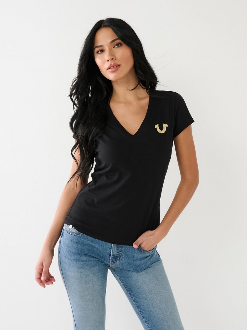 Camiseta True Religion Horseshoe Logo V Negras | 23RNPYZEW