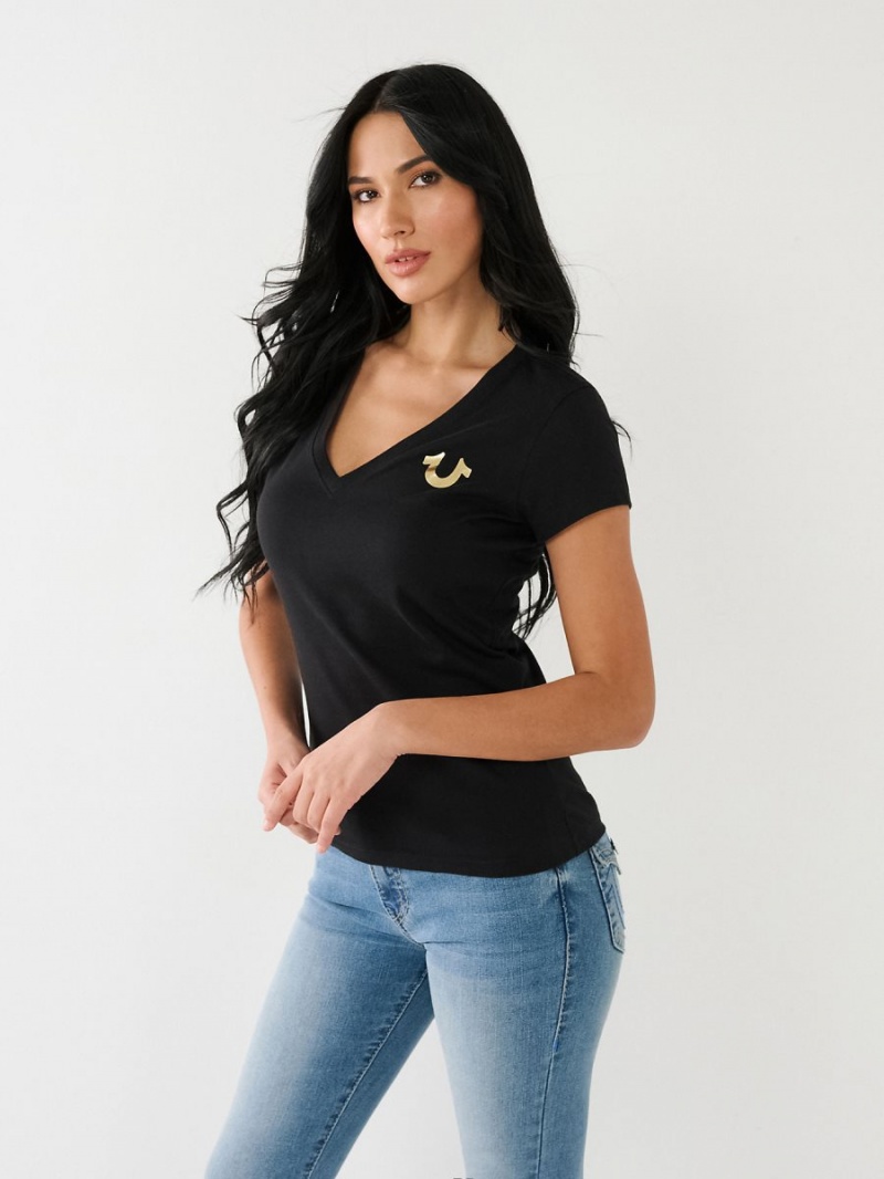 Camiseta True Religion Horseshoe Logo V Negras | 23RNPYZEW