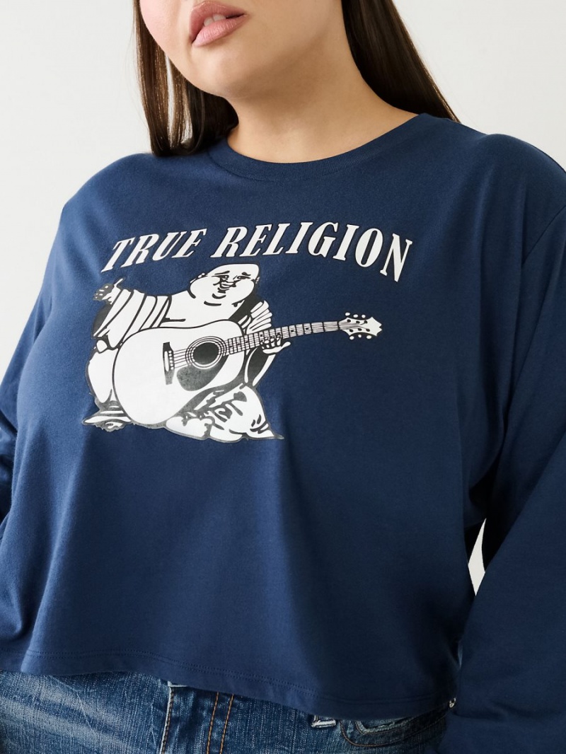 Camiseta True Religion Long Sleeve Logo Crop Navy/Sapphire | 05TDZPNUO