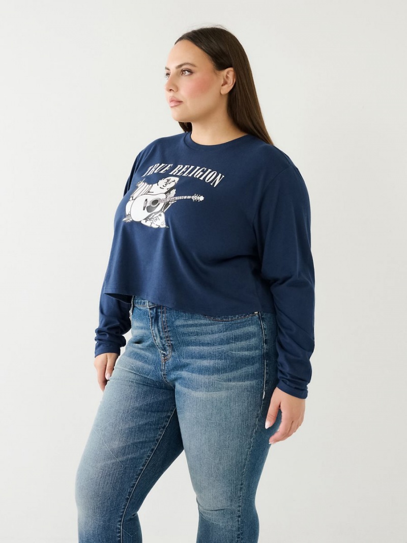 Camiseta True Religion Long Sleeve Logo Crop Navy/Sapphire | 05TDZPNUO