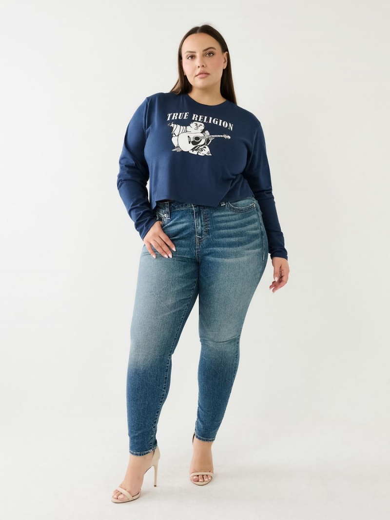 Camiseta True Religion Long Sleeve Logo Crop Navy/Sapphire | 05TDZPNUO