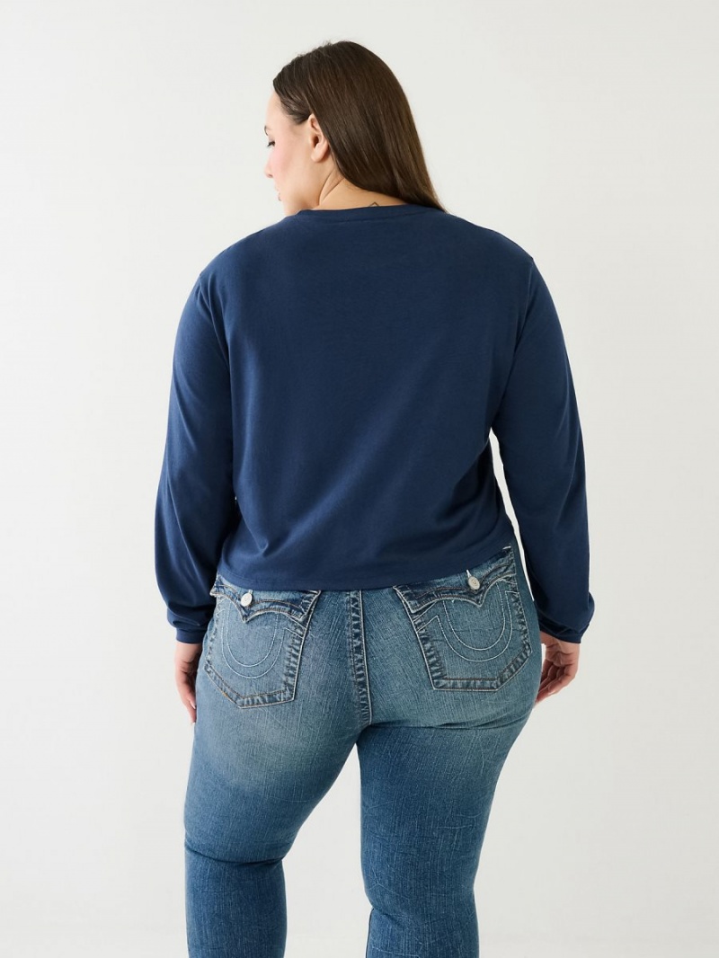 Camiseta True Religion Long Sleeve Logo Crop Navy/Sapphire | 05TDZPNUO