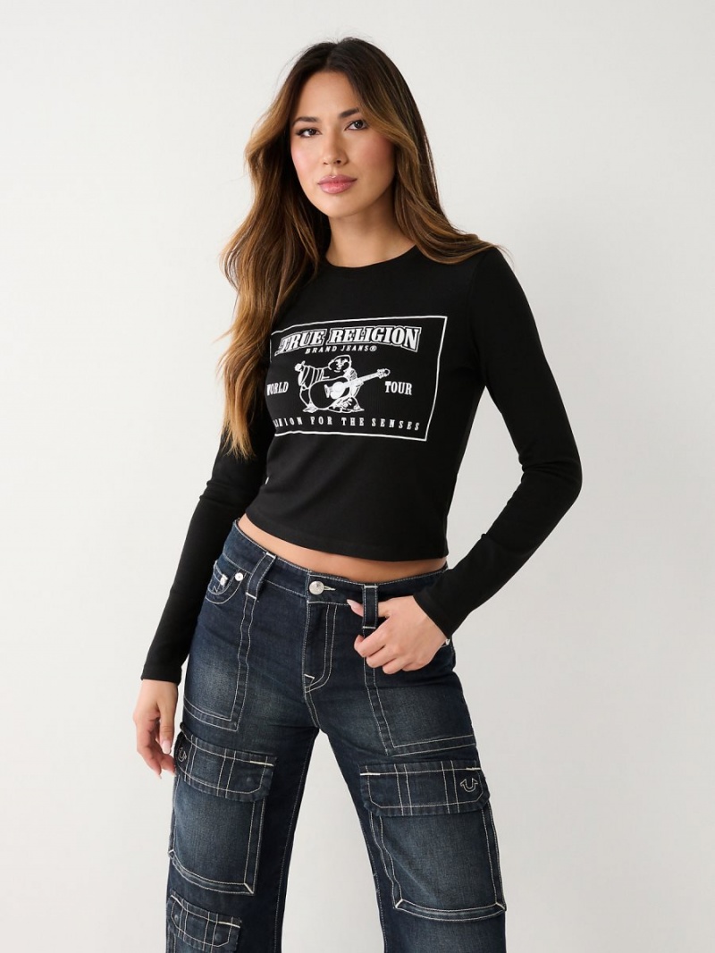 Camiseta True Religion Long Sleeve Logo Baby Negras | 91ILFKXDP