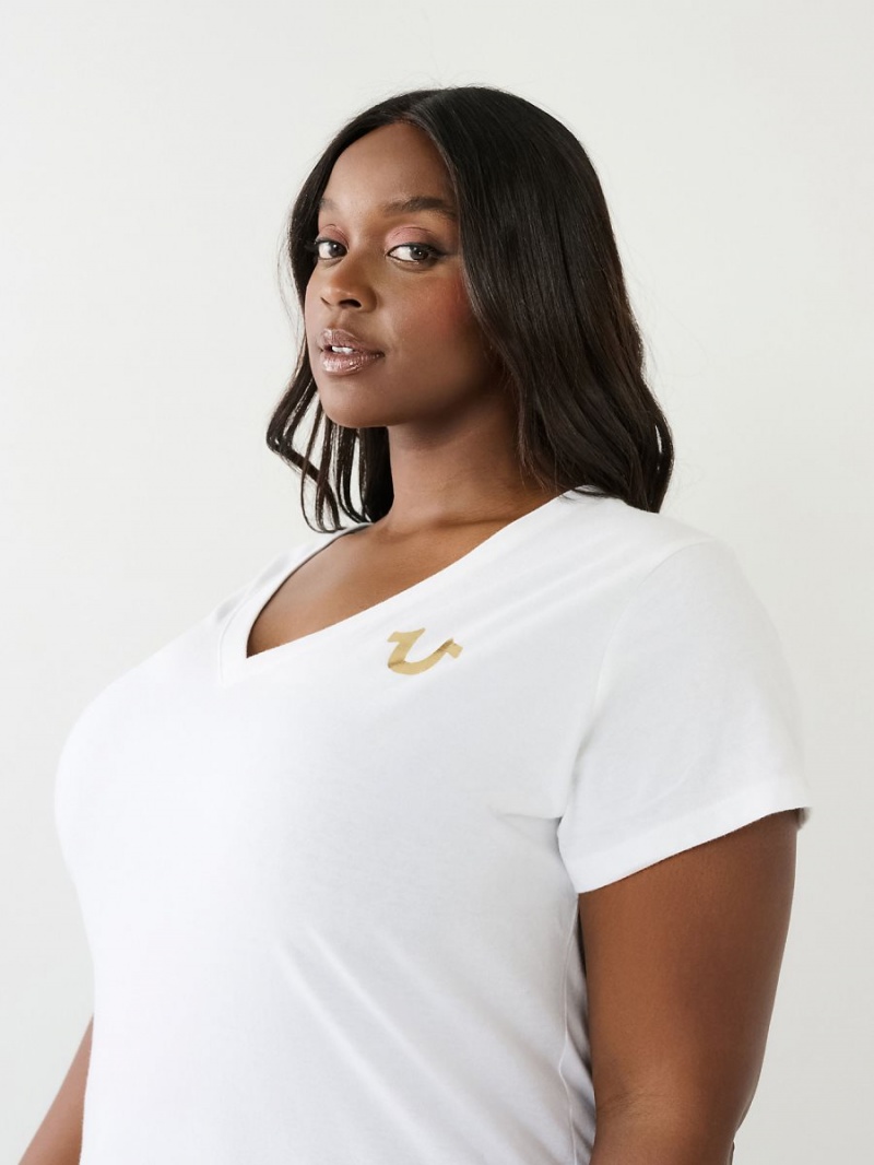 Camiseta True Religion Metallic Buddha Logo V Neck Blancas | 92PQCNLXY