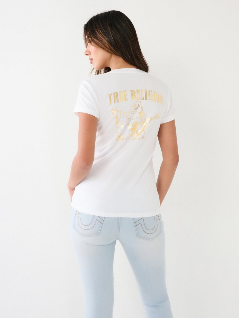 Camiseta True Religion Metallic Buddha Logo V Neck Blancas | 92PQCNLXY