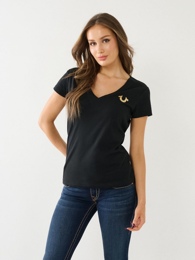 Camiseta True Religion Metallic Buddha Logo V Neck Negras | 57KNDXOSA