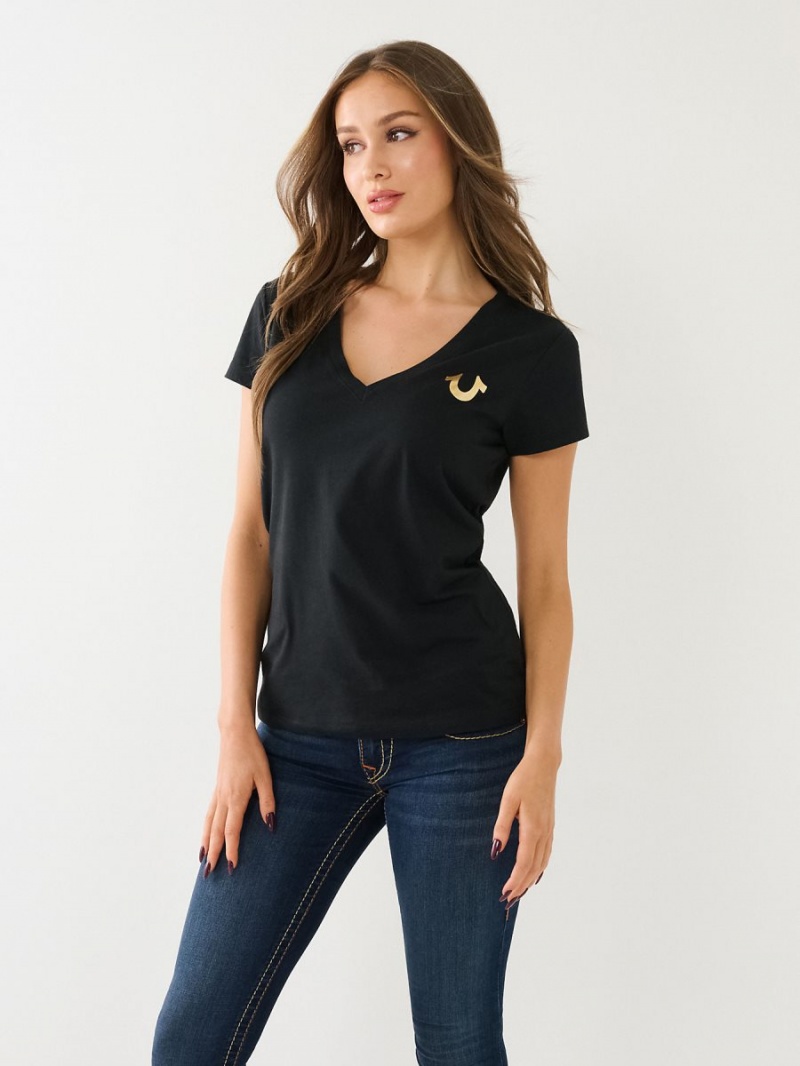 Camiseta True Religion Metallic Buddha Logo V Neck Negras | 57KNDXOSA