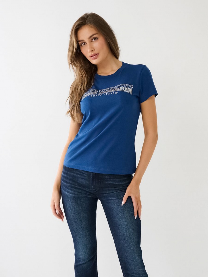 Camiseta True Religion Sequin Arched Logo Slim Azules | 73JATSRFI