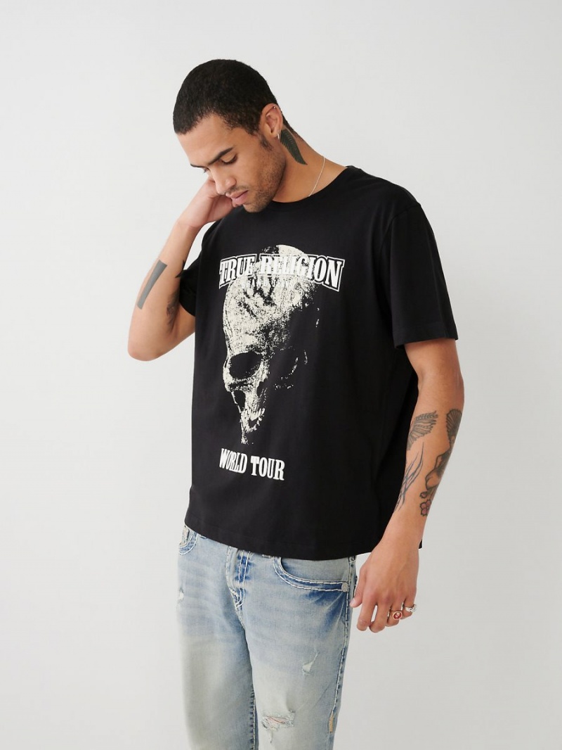 Camiseta True Religion Skull World Tour Relaxed Negras | 30ECLNDMZ