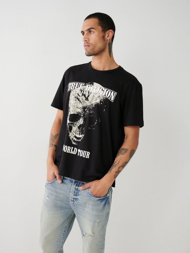 Camiseta True Religion Skull World Tour Relaxed Negras | 30ECLNDMZ