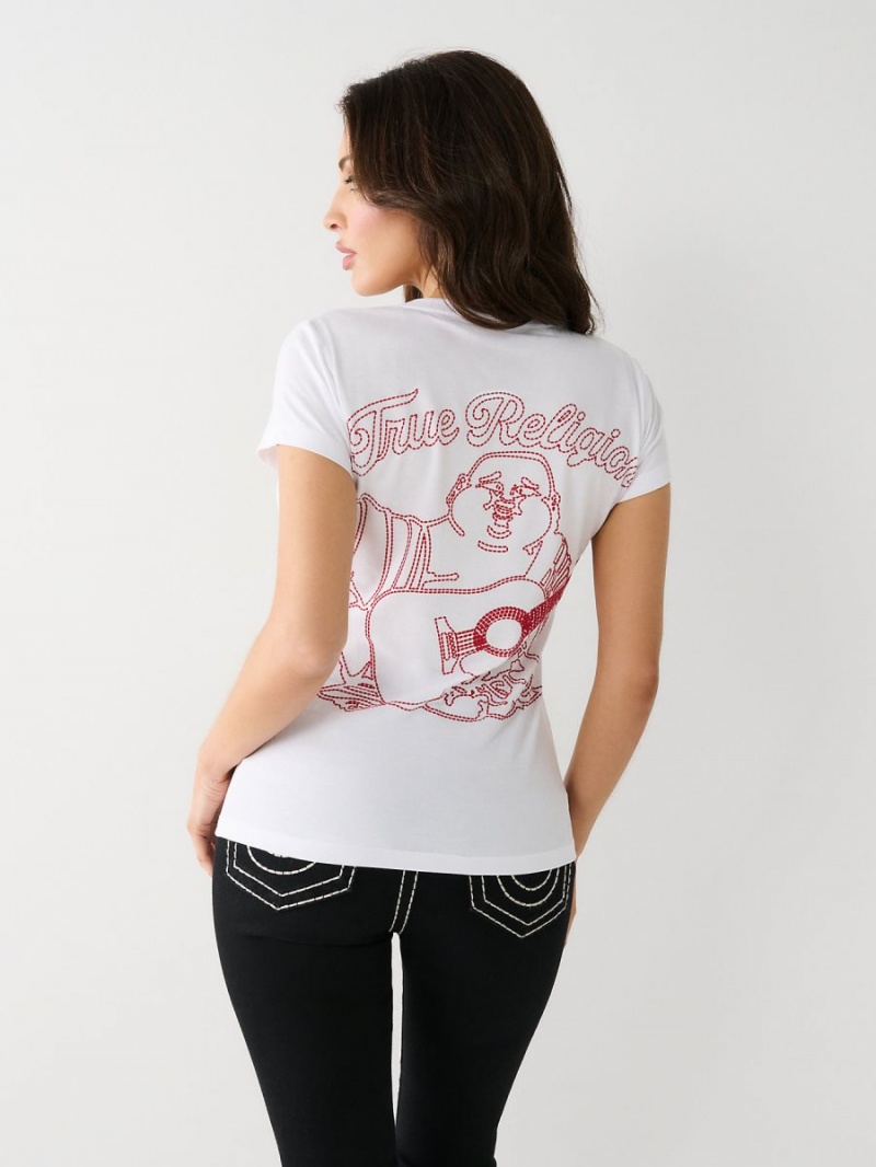 Camiseta True Religion Stitch Buddha V Blancas | 94PWSLQBG