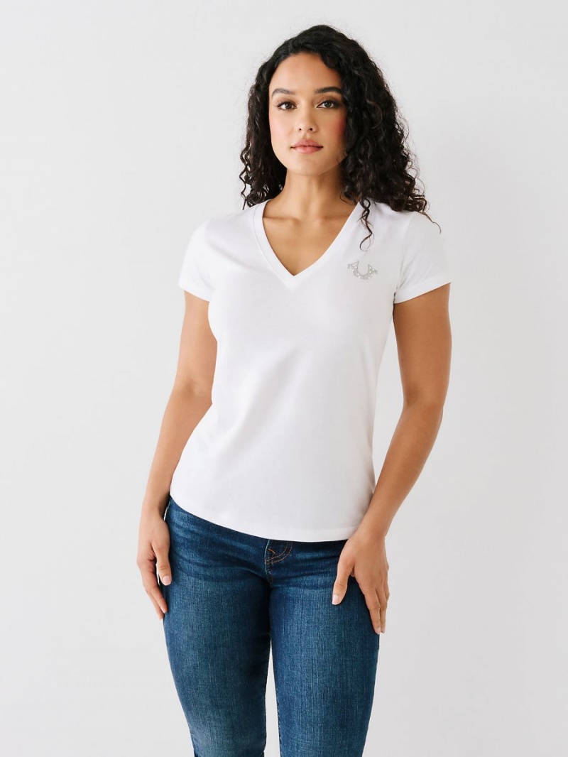 Camiseta True Religion Studded Logo V Blancas | 21CAIRUQV