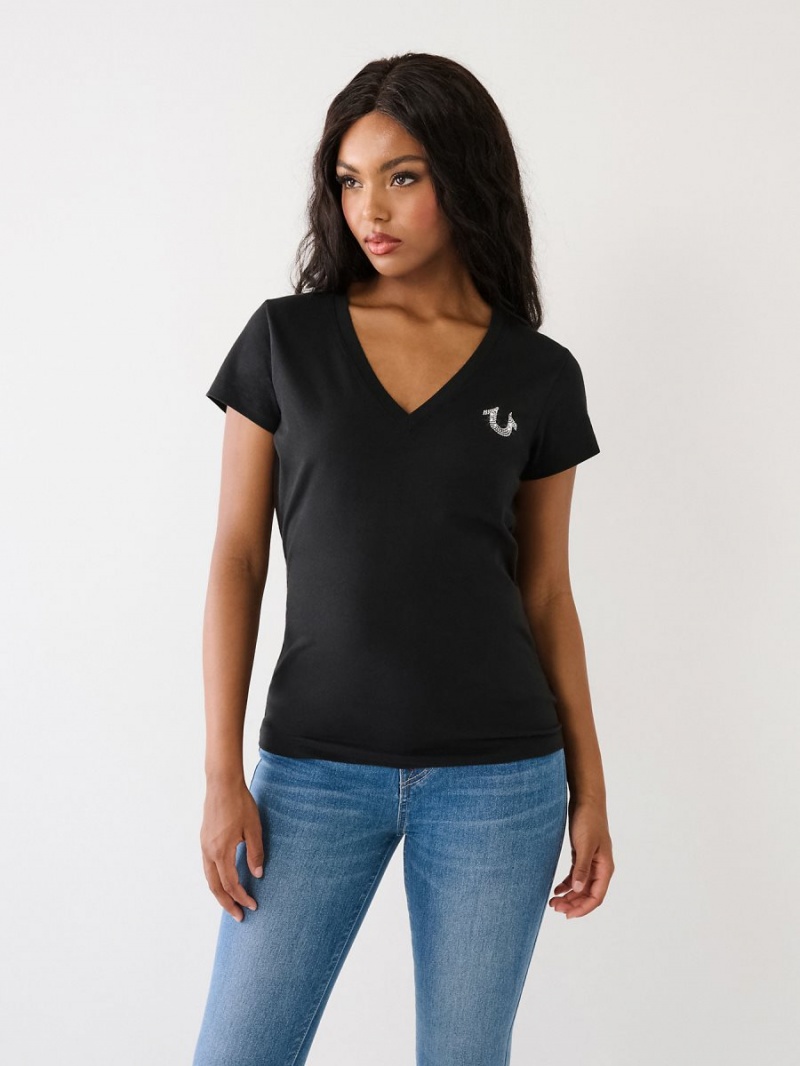 Camiseta True Religion Studded Logo V Negras | 73SOIYVEA