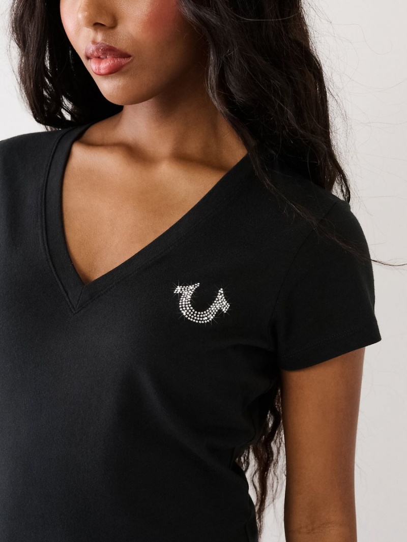 Camiseta True Religion Studded Logo V Negras | 73SOIYVEA