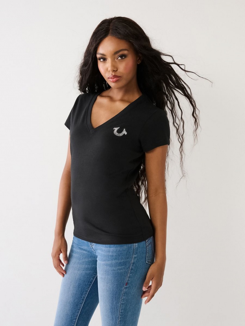 Camiseta True Religion Studded Logo V Negras | 73SOIYVEA