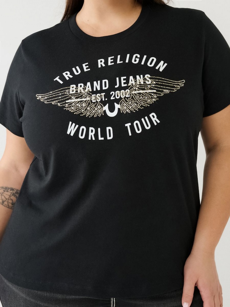 Camiseta True Religion World Tour Retro Crystal Slim Crew Logo Negras | 94YBGCMEI