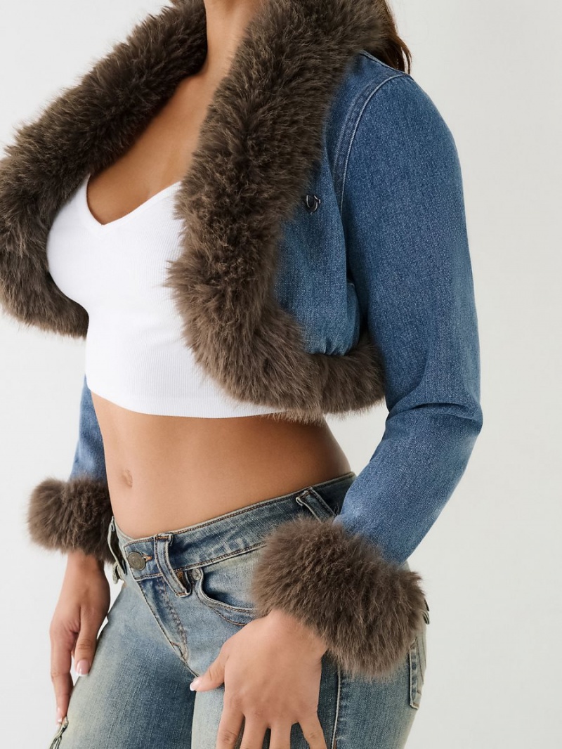 Chaqueta True Religion Cropped Fur Trim Denim Azules | 97EWPHDIN