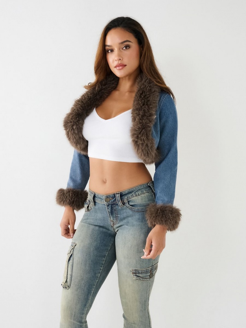 Chaqueta True Religion Cropped Fur Trim Denim Azules | 97EWPHDIN