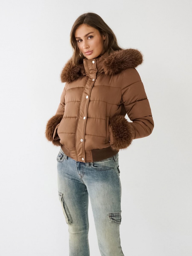 Chaqueta True Religion Faux Fur Trim Puffer Marrones Oscuro | 51SHCYBUZ